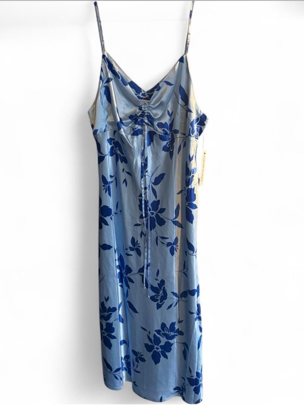 Blue Floral Satin Slip Dress with Adjustable Straps